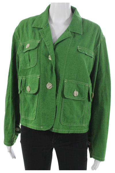 Whistles Womens Military Jacket Green Long Sleeve Cotton Linen Size 2