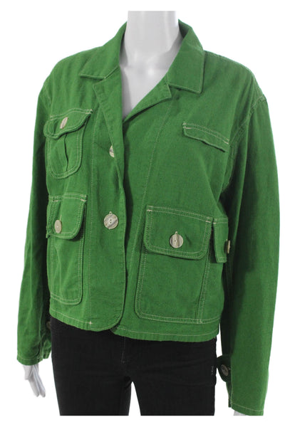 Whistles Womens Military Jacket Green Long Sleeve Cotton Linen Size 2