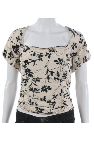 ASTR Women Cropped Blouse Beige Floral Square Neck Short Sleeve Ecovero Size S