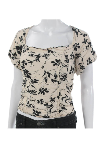 ASTR Women Cropped Blouse Beige Floral Square Neck Short Sleeve Ecovero Size S