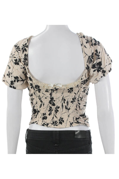 ASTR Women Cropped Blouse Beige Floral Square Neck Short Sleeve Ecovero Size S