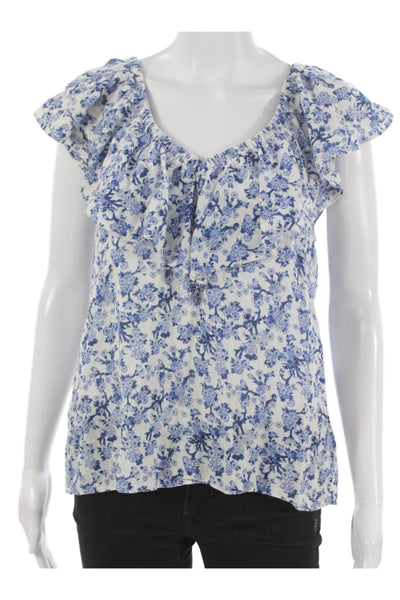 Rebecca Taylor Women Floral V-Neck Cotton Short Sleeve Blouse Blue Size 6