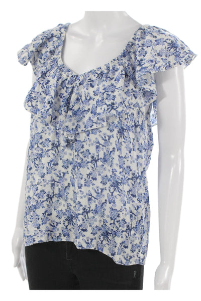 Rebecca Taylor Women Floral V-Neck Cotton Short Sleeve Blouse Blue Size 6
