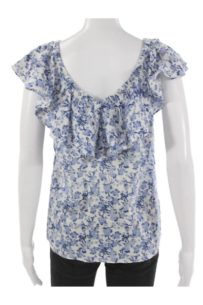 Rebecca Taylor Women Floral V-Neck Cotton Short Sleeve Blouse Blue Size 6