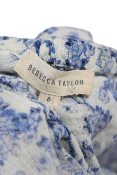 Rebecca Taylor Women Floral V-Neck Cotton Short Sleeve Blouse Blue Size 6