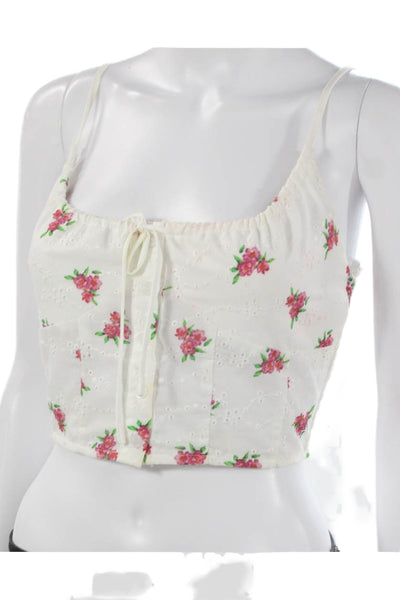 More To Come Womens White Floral Polyester Scoop Neck Camisole Button Size S
