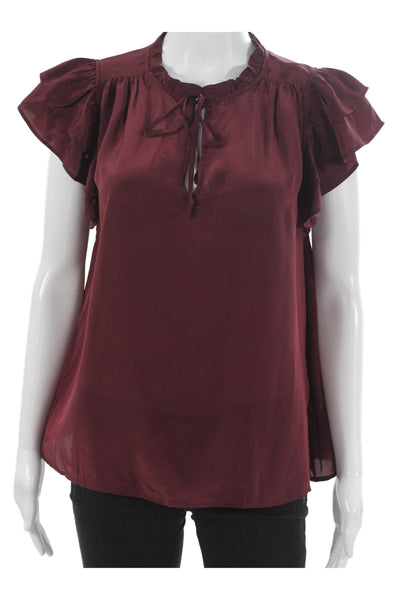 Vineyard Vines Womens Red Cupro High Neck Short Sleeve Basic Blouse Tie Size M