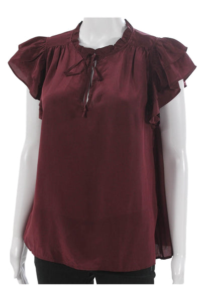 Vineyard Vines Womens Red Cupro High Neck Short Sleeve Basic Blouse Tie Size M