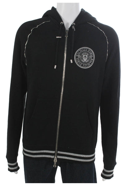 Balmain Mens Black Cotton Full Zip Hoodie Size L