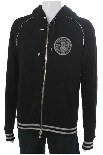 Balmain Mens Black Cotton Full Zip Hoodie Size L