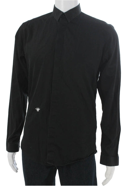 Dior Mens Long Sleeves Button Down Shirt Black Cotton Size 39