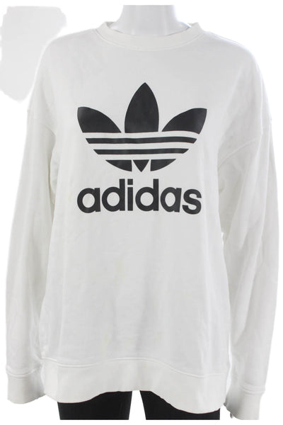 Adidas Women Pullover Sweatshirt White Cotton Crew Neck Long Sleeve Size M