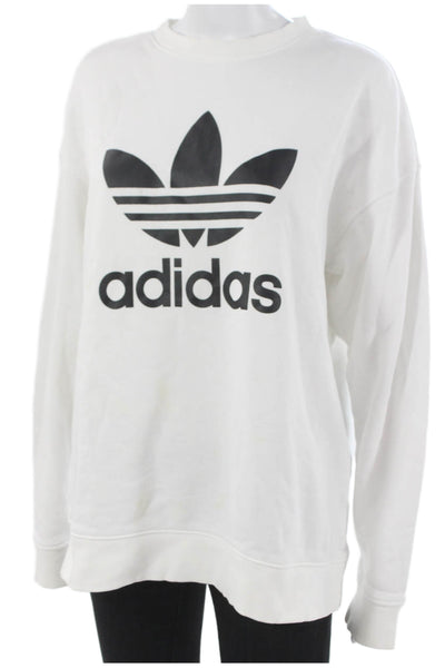 Adidas Women Pullover Sweatshirt White Cotton Crew Neck Long Sleeve Size M