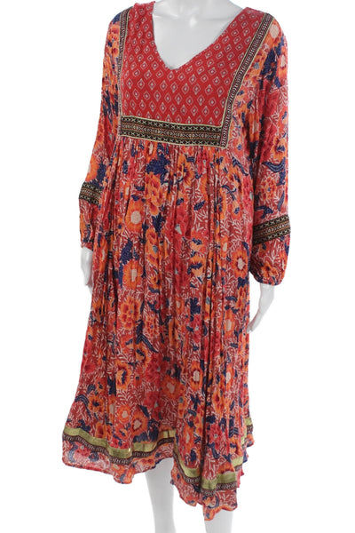 RD + Koko Womens Fit & Flare Red Floral V-Neck Long Sleeve Midi Dress Size S