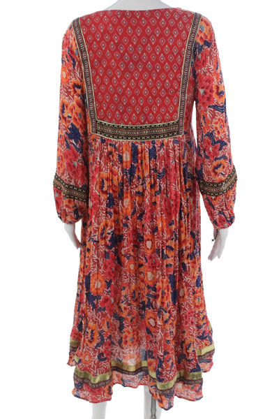 RD + Koko Womens Fit & Flare Red Floral V-Neck Long Sleeve Midi Dress Size S