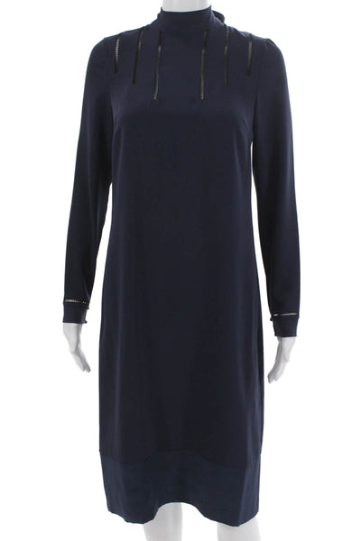 Reiss Women Shift Dress Blue Long Sleeve High Neck Mid Calf Polyester Size 4