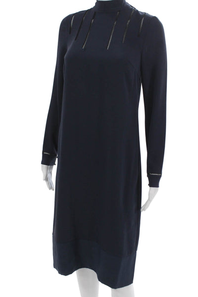Reiss Women Shift Dress Blue Long Sleeve High Neck Mid Calf Polyester Size 4