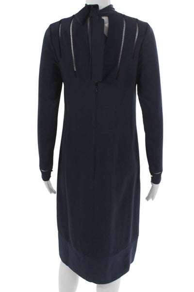 Reiss Women Shift Dress Blue Long Sleeve High Neck Mid Calf Polyester Size 4