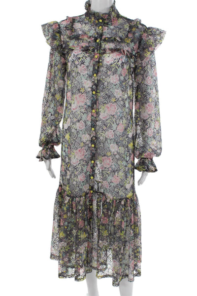 ROTATE Womens Maxi Floral High Neck Button Dress Multicolor Long Sleeve Size M
