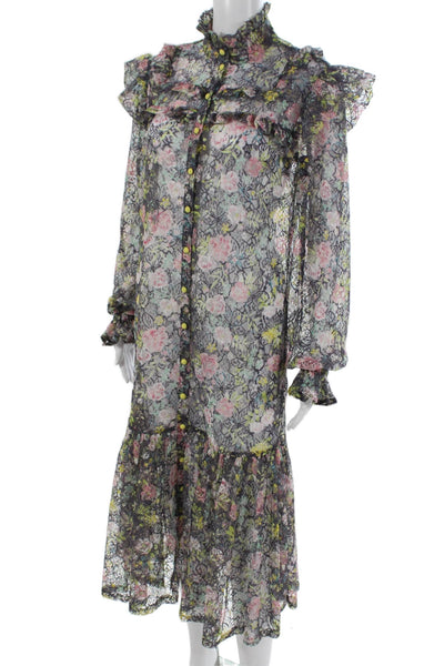 ROTATE Womens Maxi Floral High Neck Button Dress Multicolor Long Sleeve Size M