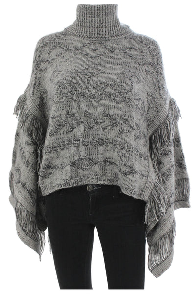 360 Cashmere Women Gray Geometric Wool Turtleneck Cape Sweater Size S