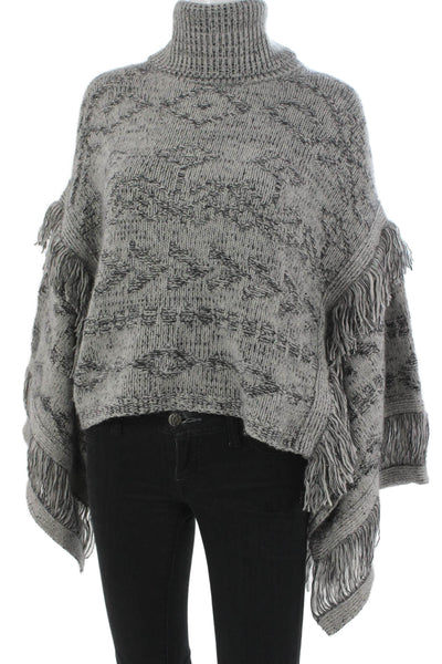 360 Cashmere Women Gray Geometric Wool Turtleneck Cape Sweater Size S