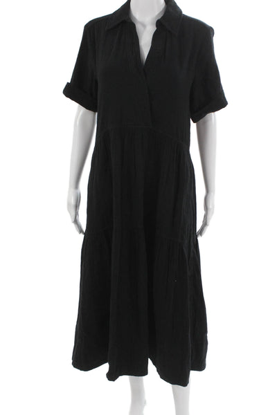 Me + Em Womens Black Cotton Shirt Dress Collared Short Sleeve Long Size 2