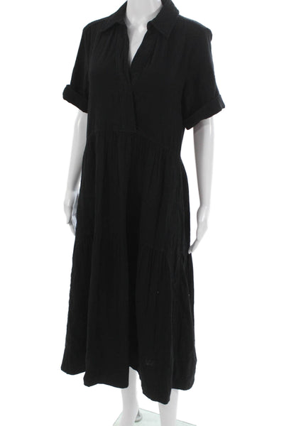 Me + Em Womens Black Cotton Shirt Dress Collared Short Sleeve Long Size 2