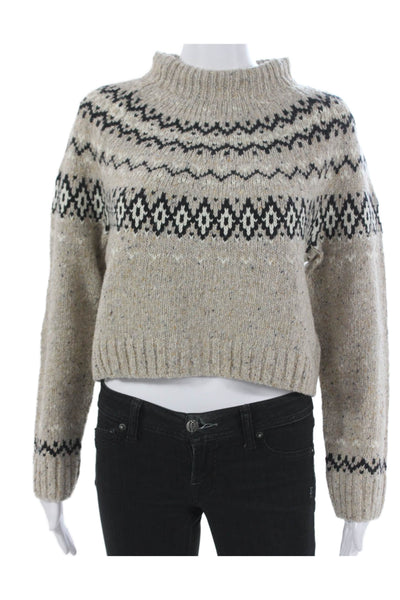 J Crew Women Pullover Merino Wool Fair Isle Mock Neck Long Sleeve Beige Size XS