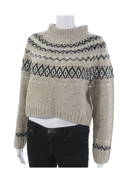 J Crew Women Pullover Merino Wool Fair Isle Mock Neck Long Sleeve Beige Size XS
