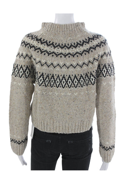 J Crew Women Pullover Merino Wool Fair Isle Mock Neck Long Sleeve Beige Size XS