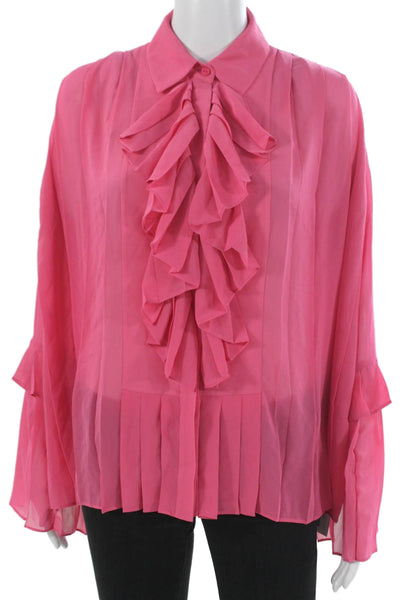 Alexis Womens Collared Button Long Sleeve Blouse Pink Polyester Size S