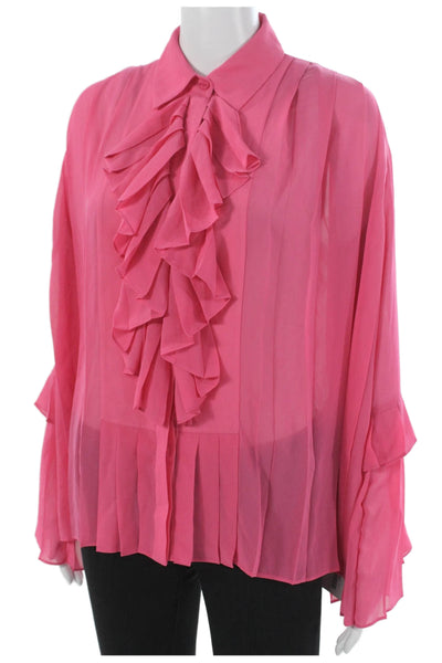Alexis Womens Collared Button Long Sleeve Blouse Pink Polyester Size S