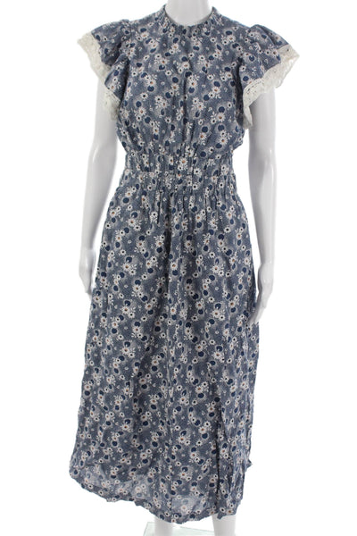 Sea New York Women Maxi Floral High Neck Short Sleeve Zip Blue Dress Size 4