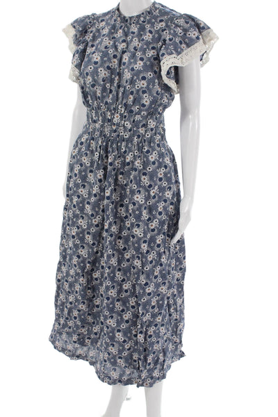 Sea New York Women Maxi Floral High Neck Short Sleeve Zip Blue Dress Size 4