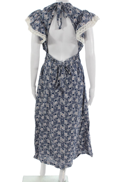 Sea New York Women Maxi Floral High Neck Short Sleeve Zip Blue Dress Size 4