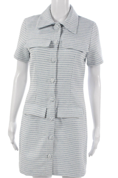 Vita Grace Women White Checked Cotton Shirt Dress Short Sleeve Size S