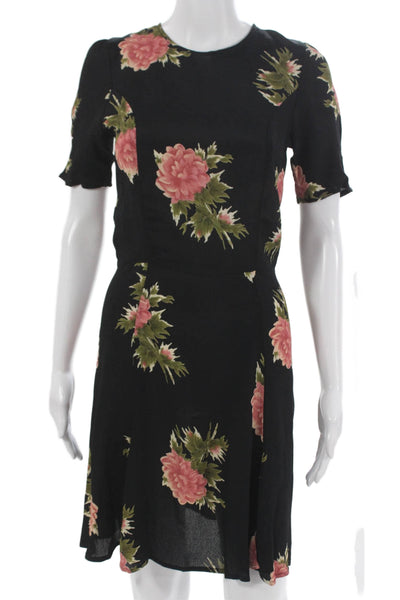 Reformation Women Fit & Flare Dress Black Floral Short Sleeve Size S