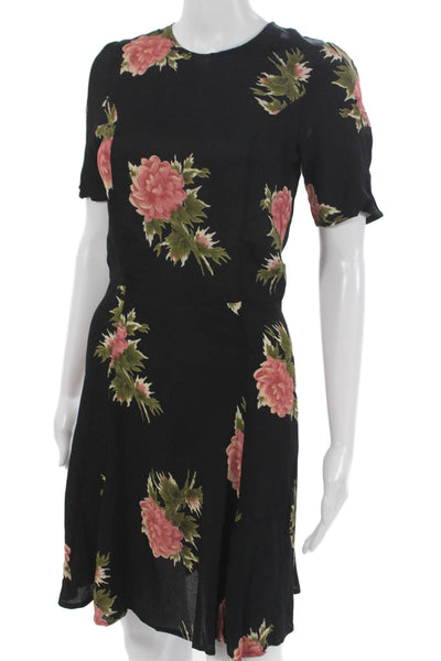 Reformation Women Fit & Flare Dress Black Floral Short Sleeve Size S