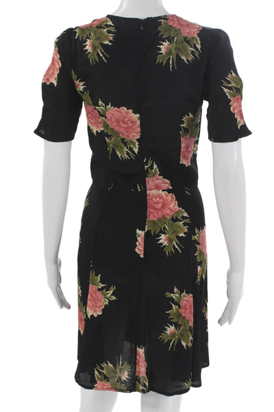 Reformation Women Fit & Flare Dress Black Floral Short Sleeve Size S