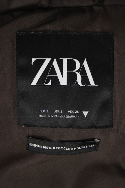 Zara Women Puffer Jacket Brown Long Sleeve Polyester Snap Size S