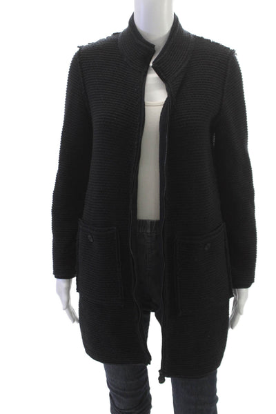 Chanel Womens Black Wool Coatigan Zip Closure Size 38