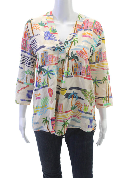 Vilagallo Womens Floral Rayon Tunic Blouse V-Neck 3/4 Sleeve Multicolor Size 44