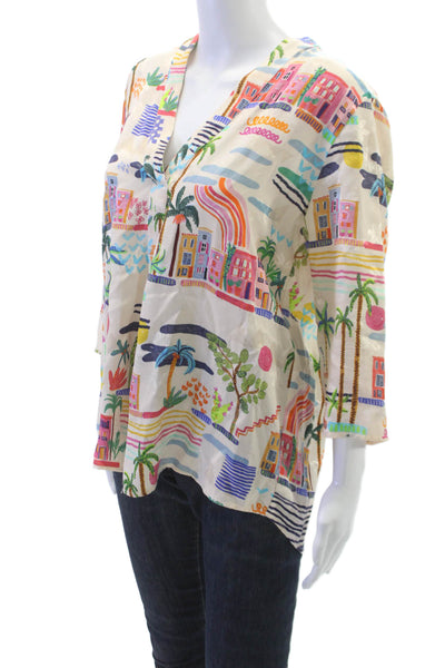 Vilagallo Womens Floral Rayon Tunic Blouse V-Neck 3/4 Sleeve Multicolor Size 44