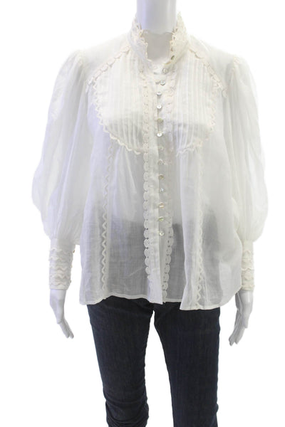 Alemais Women White Linen High Neck Button Long Sleeve Blouse Size 10