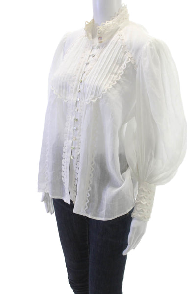 Alemais Women White Linen High Neck Button Long Sleeve Blouse Size 10