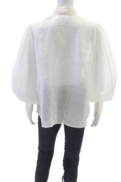 Alemais Women White Linen High Neck Button Long Sleeve Blouse Size 10