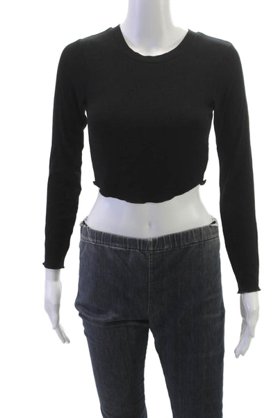 LNA Womens Cropped T Shirt Black Long Sleeve Crew Neck Rayon Size S
