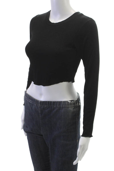 LNA Womens Cropped T Shirt Black Long Sleeve Crew Neck Rayon Size S
