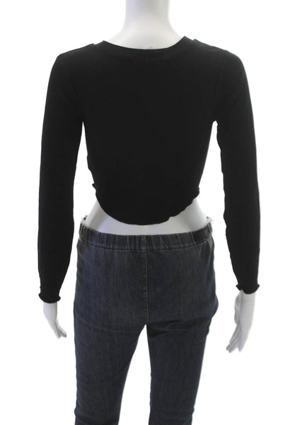 LNA Womens Cropped T Shirt Black Long Sleeve Crew Neck Rayon Size S